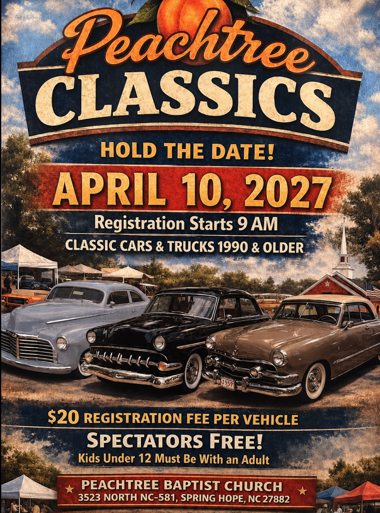 Peachtree Classics car show poster — April 10, 2027
