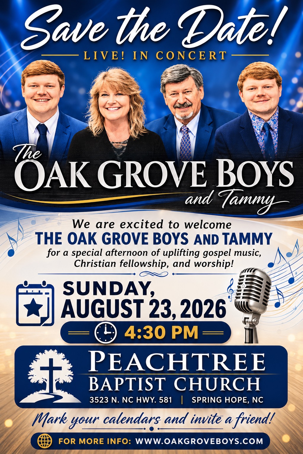 The Oak Grove Boys and Tammy — Gospel Night at Peachtree Baptist Church, Sunday August 23, 2026 at 4:30 PM